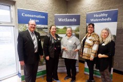 Vice-Chair, Lorie Scott (second from left) and Chair, Pat Brown (far left) present Nicole Monague and Jill Jackson, with the Conservation Award for Hillside School at Kettle and Stony Point First Nation. Also pictured is Melissa Levi (far right), Conservation Education Coordinator at the SCRCA. 