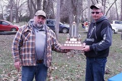 Emery Huszka (left) and Jerry Fiddler (right) receive the top fundraiser award at the 2022 Sydenham River Canoe and Kayak Race.