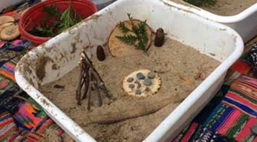 Nature art made with sand, sticks, leaves and stones