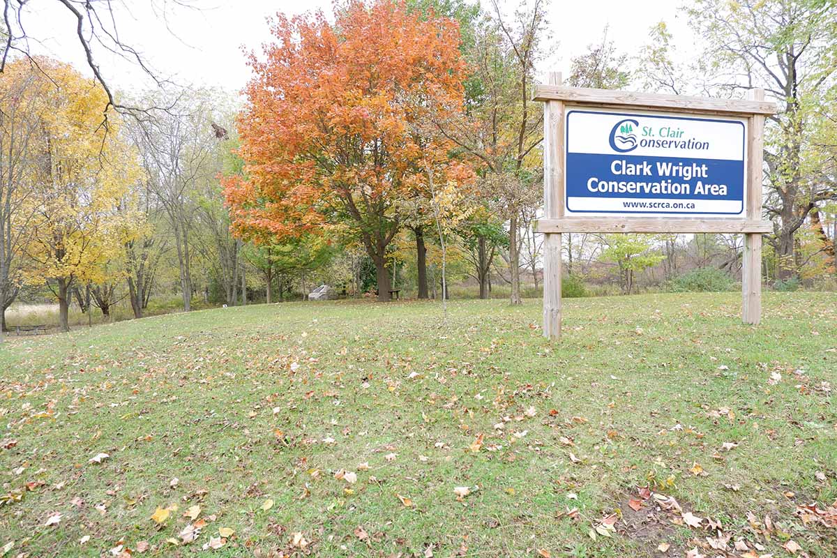 Blue and white Clark Wright Conservation Area sign with trees behind