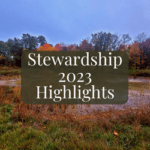 Restored wetland in the background with the words "Stewardship 2023 Highlights" overlaying the picture.