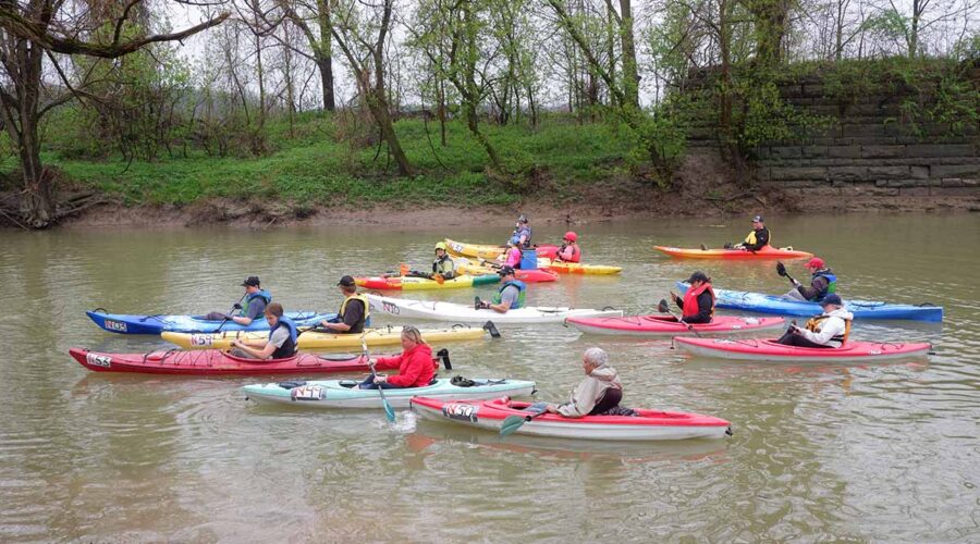A group of kayaks on a river