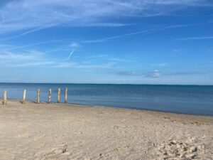 Sandy shoreline with blue water and sky