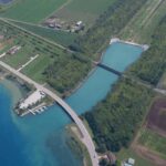 Aerial view of the McKeough Floodway and outlet parking lot