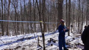 A woman standing in a forest with blue tubing attached to trees