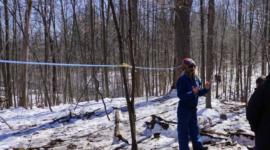 A woman standing in a forest with blue tubing attached to trees