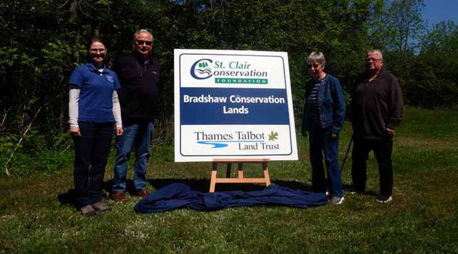 Four people standing beside the Bradshaw Conservation Lands sign