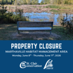 Picture of bench and wetland with information on the Marthaville Habitat Management Area closure
